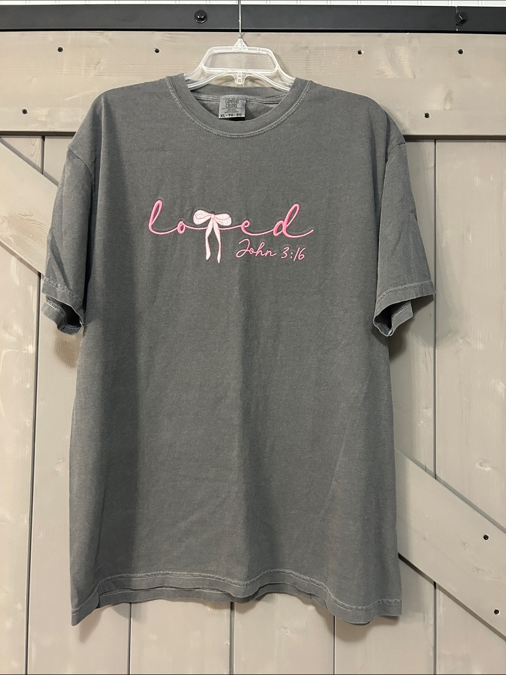 Comfort Colors Gray Tee with Pink "Loved" Script - John 3:16